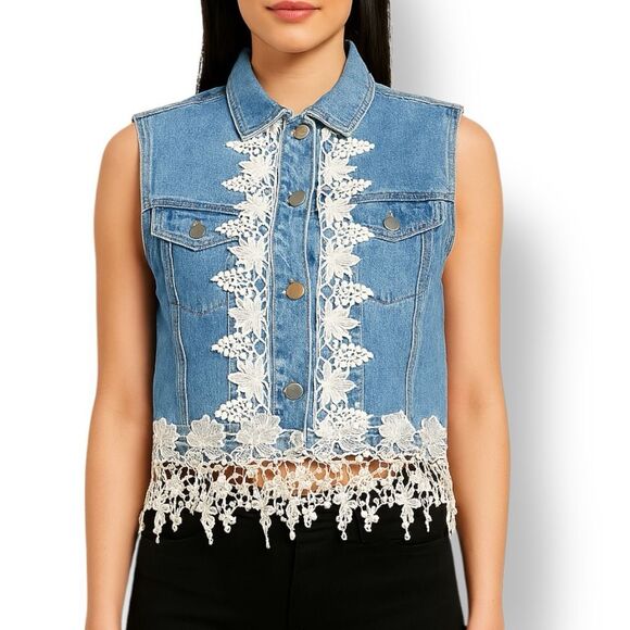 Upcycled Vintage Chambray Denim Vest White Lace Trim Small Custom OOAK Bohemian - Picture 1 of 11